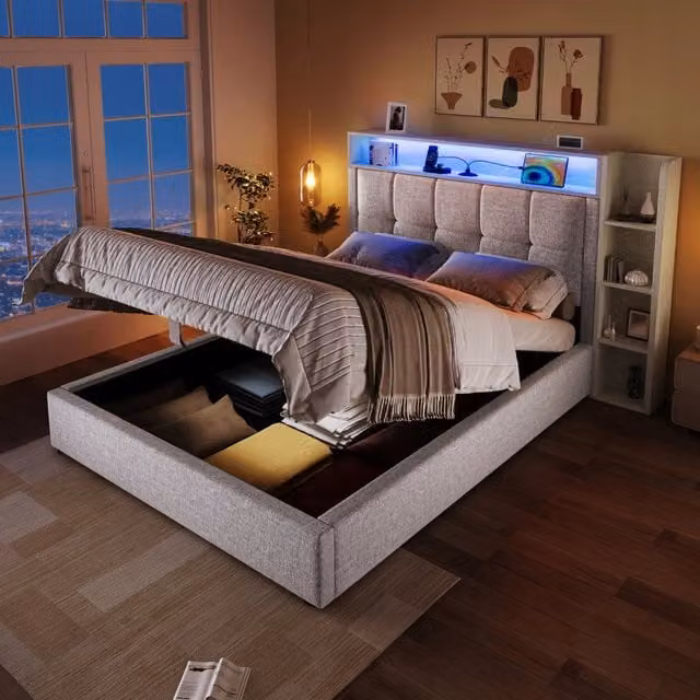 Letto imbottito 90x200 - Xylo - Beige, LED, USB-C, struttura sollevabile