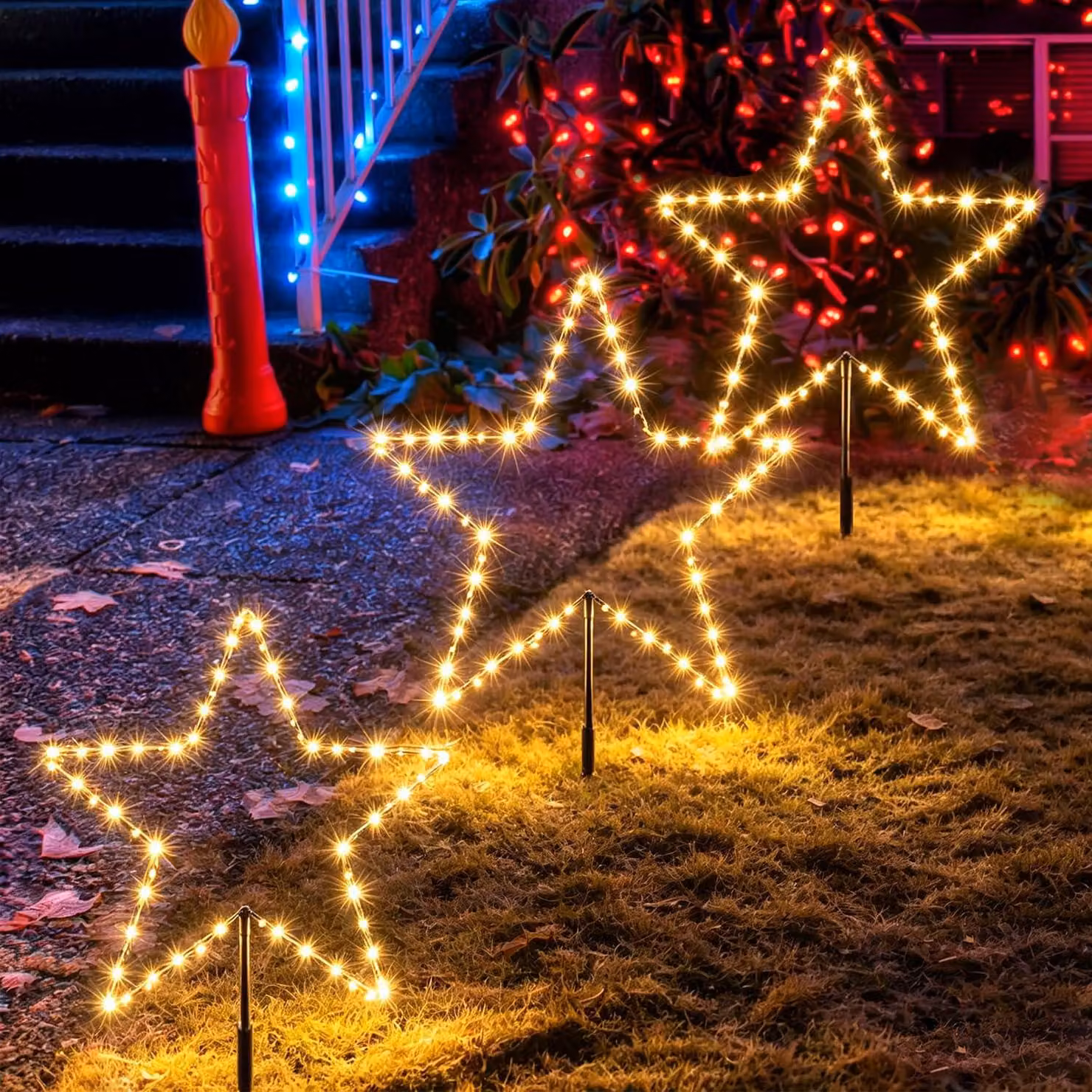 Set di 3 stelle LED, catena luminosa da 5 metri, luce bianco caldo, grado di protezione IP44, per uso esterno