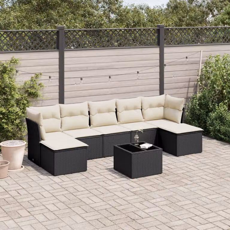 Set di divani da giardino vidaXL in polyrattan nero con cuscini e tavolino da esterno 8 pz