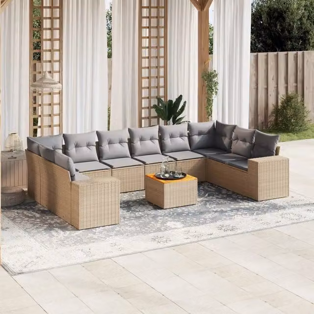 vidaXL Set Divani da Giardino 11 pz a Forma a U in Polyrattan con Cuscini Beige e Grigio