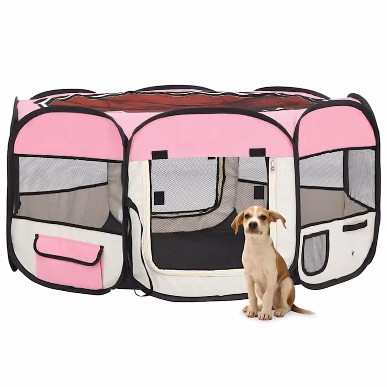 vidaXL Box per Cani Pieghevole con Borsa per il Trasporto, Rosa, L/P/H: 145 x 145 x 61 cm