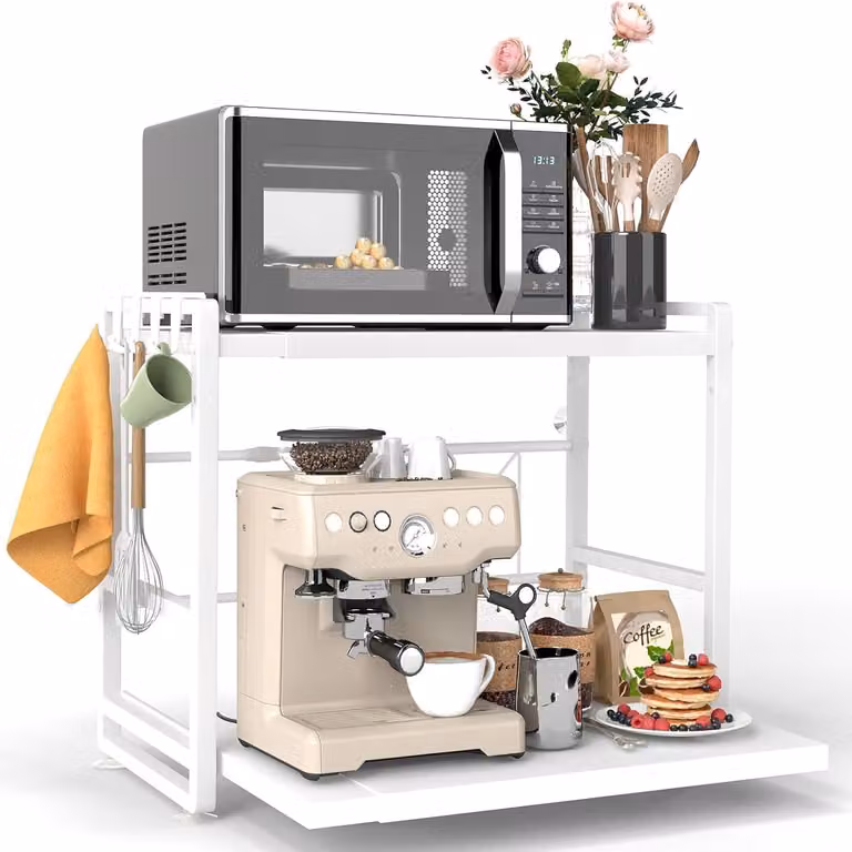 Ripiano per microonde, a 2 livelli, estraibile, con cassetto e ganci, Acciaio al carbonio, per la cucina