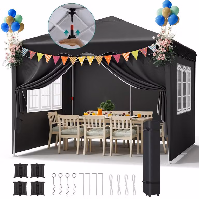 Tenda pop-up impermeabile 3x3 metri, con protezione UV 50+, colore nero, completa di sacchi di sabbia e borsa da trasporto con ruote