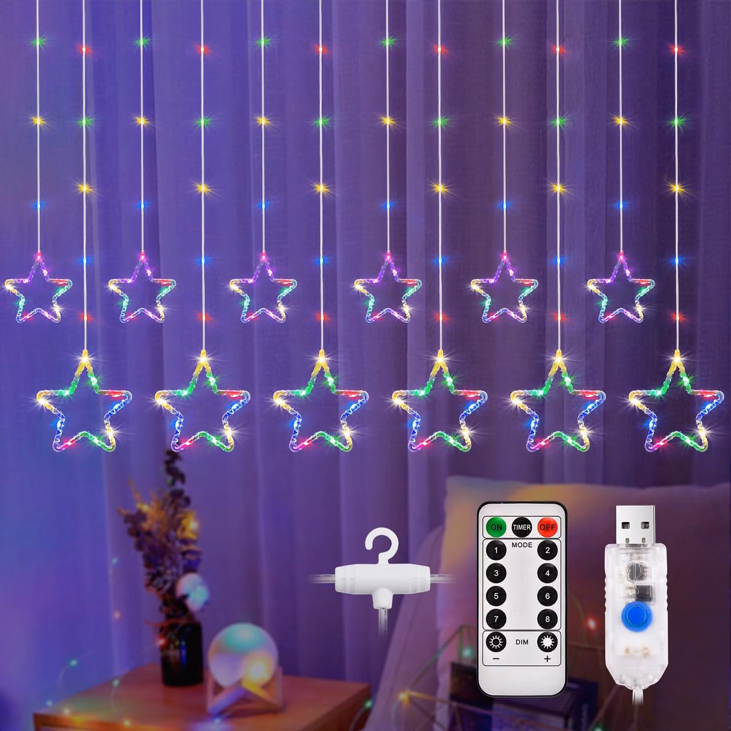 Tenda luminosa a LED a forma di stella, lunghezza 3,5 metri, 144 LED, multicolore, con telecomando