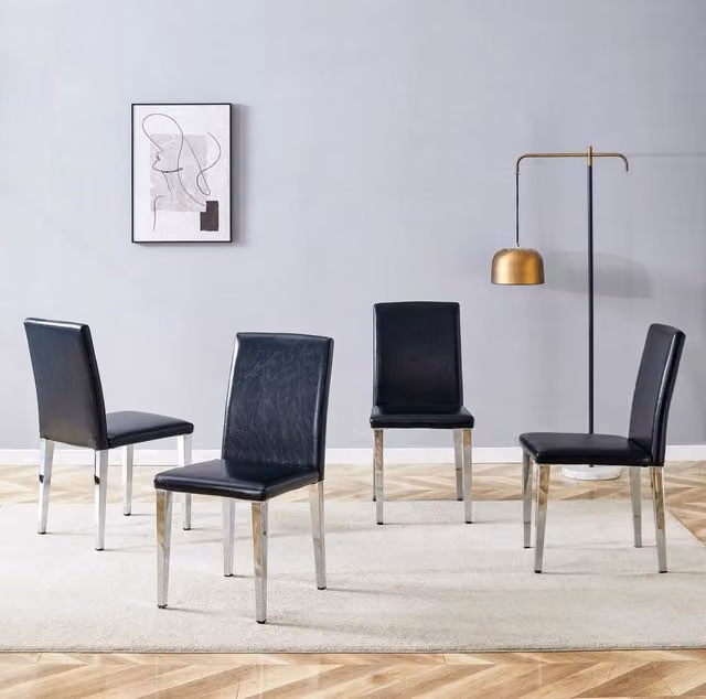 Set di 4 sedie da pranzo 90 cm nere in similpelle, gambe in metallo argentato
