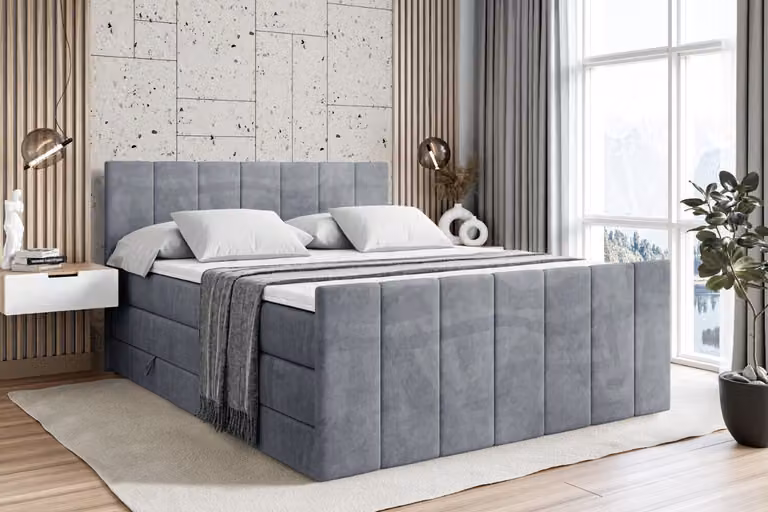 Letto boxspring ALTDECOR con pediera, 2 materassi e topper - 160x200 cm - MOETI-Z KING - Velluto grigio - Letto imbottito con materassi H3 e H4, contenitore e rete a doghe, letto con spazio contenitivo