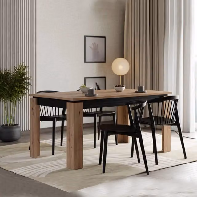 DMORA Tavolo da pranzo moderno rettangolare in legno color rovere e nero, L: 160 cm, P: 90 cm, H: 77 cm