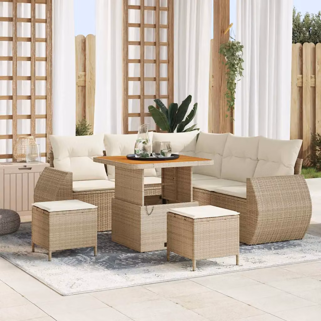 Set Divano da Giardino a L vidaXL 8 Pezzi con Tavolino e Ottoman Beige e Bianco – 1
