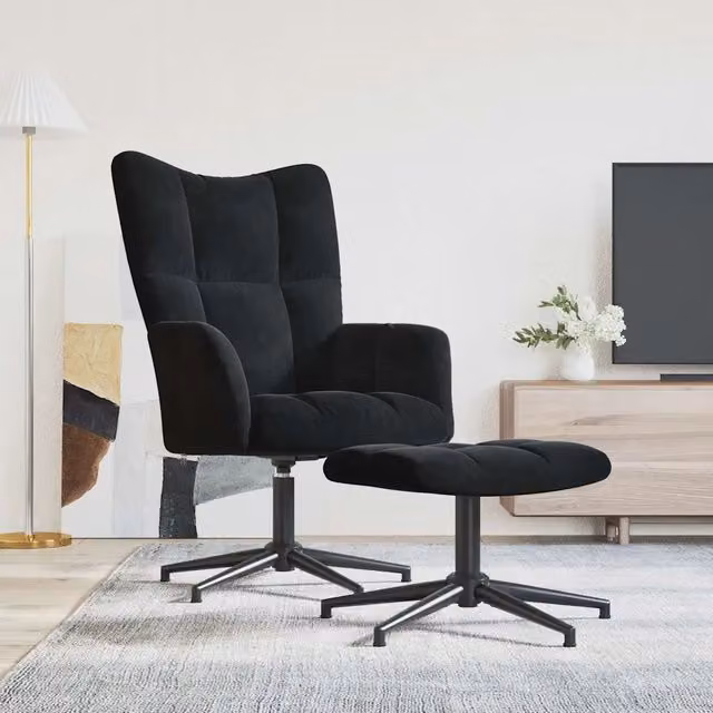 Divano Sedia-Poltrona Relax con Poggiapiedi Nero in Velluto 922345