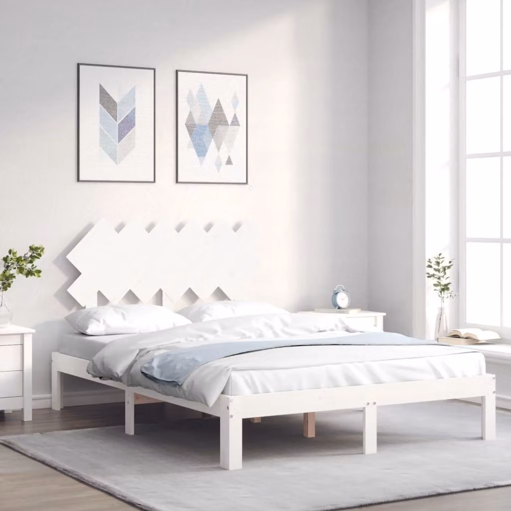 The Living Store Letto in legno massiccio con testiera bianca