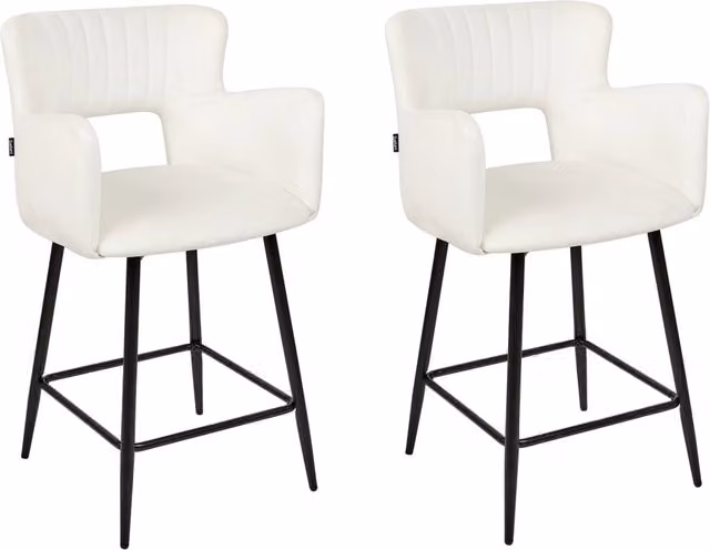 Set di 2 sgabelli da bar Beliani in velluto bianco con braccioli e schienale intagliato e gambe in metallo stile moderno industriale