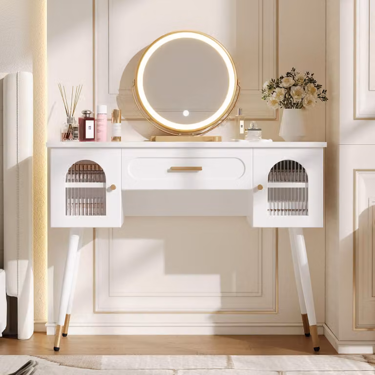 Comò da trucco con specchio, dimensioni 100x42x112 cm, colore bianco e oro, realizzato in pannello di particelle di legno al 100%, con 1 cassetto e 2 ante, ideale per la camera da letto