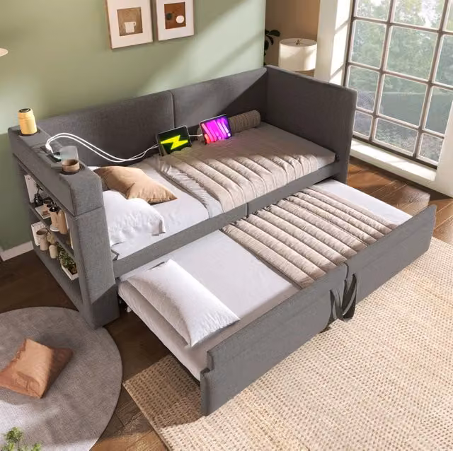 Divano letto 90x200 cm con letto estraibile, USB e USB-C, rivestimento cotone e lino grigio
