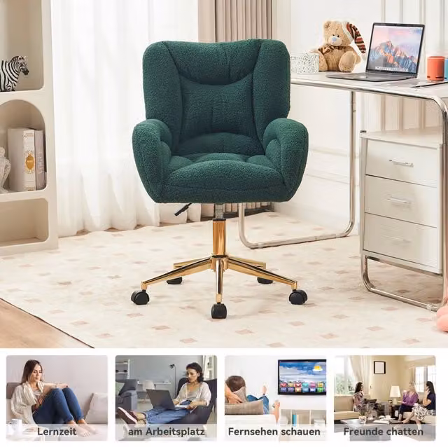 Sedia da Ufficio in Tessuto Teddy 64x62x92;5 cm; Regolabile e Girevole a 360°; Verde; per Studio e Home Office