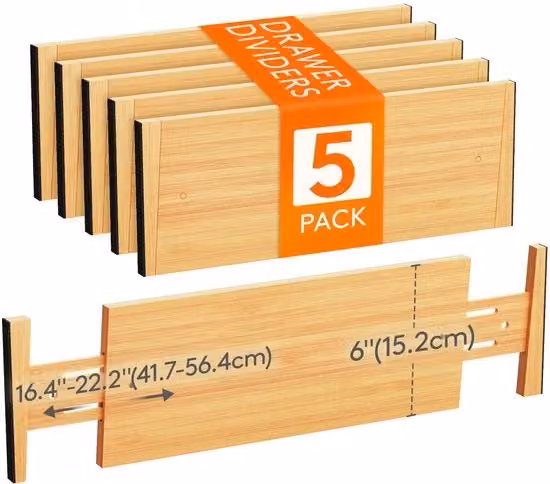 Set di divisori di carico 5 in 1 in bambù naturale, divisori di carico regolabili per larghezza interna 41,7-56,4 cm e altezza 15,2 cm, sistema di archiviazione per cucina, armadi e scrivanie