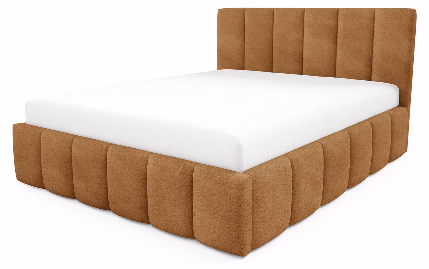 Letto imbottito con contenitore, colore marrone caramello, dimensioni 140 x 200 cm