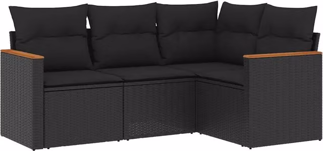 Set Divani da Giardino 4 pz | Set Salotto da Giardino con Cuscini Nero in Polyrattan
