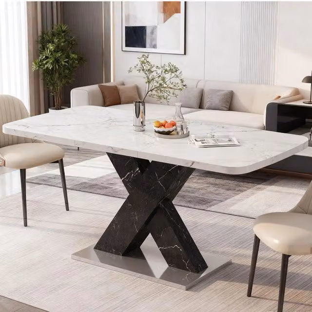Tavolo da Pranzo Allungabile ¨C MINIMAL ¨C Piano Effetto Marmo Bianco, Gambe Nere in Metallo, 120-160 cm