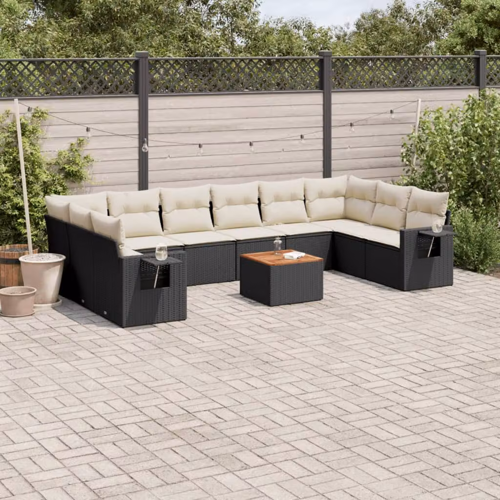 vidaXL Set Divani da Giardino a L 11 pz in Polyrattan Nero con Cuscini e Tavolino – 1