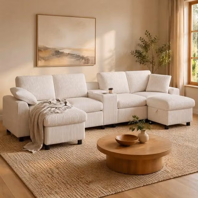 Divano U 315x135x81 cm in tessuto beige con 2 pouf contenitore, ricarica per soggiorni –