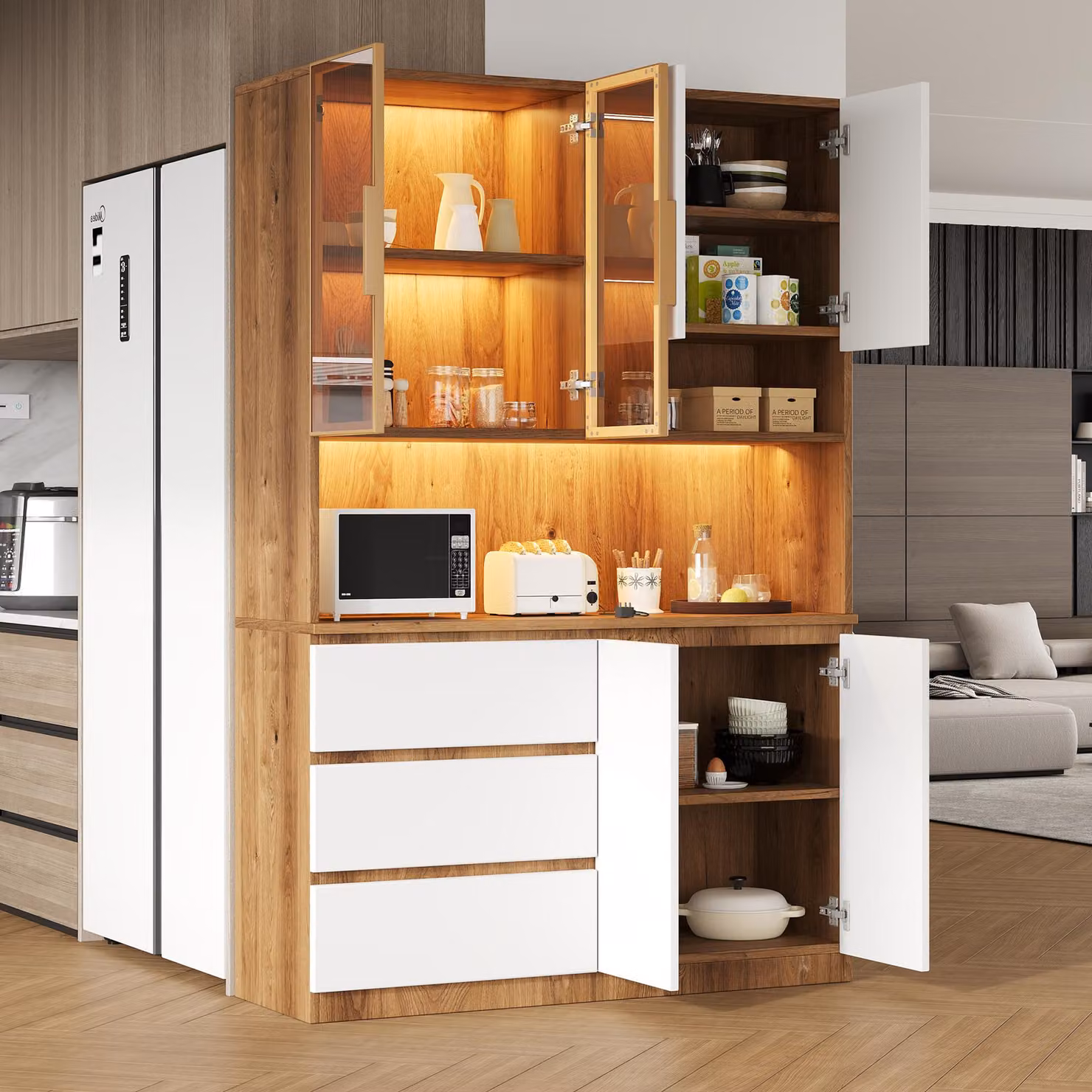 Armadietti da cucina Flieks con illuminazione a LED, 3 cassetti, 6 ante e ripiani, mobile alto 120,5x40x180 cm, credenza, bianco e legno naturale
