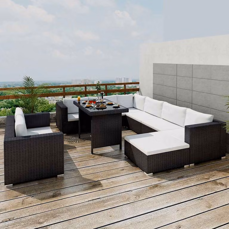 Set di divani da giardino moderno vidaXL in polyrattan nero con cuscini bianchi