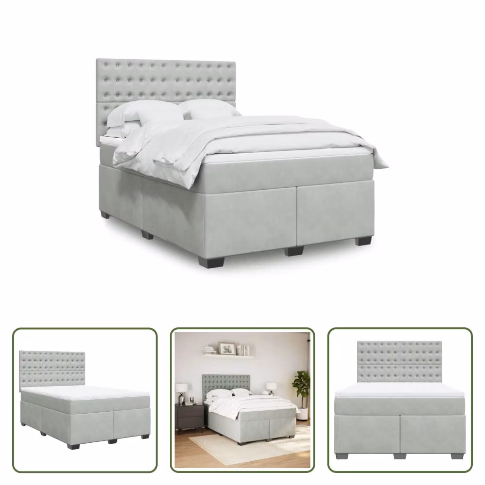 The Living Store Letto a molle con materasso grigio chiaro 140x190 cm in velluto