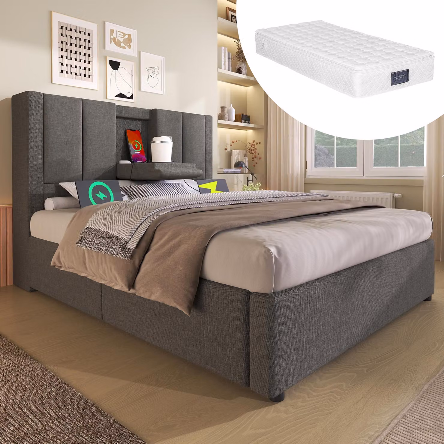 MODFU letto imbottito con materasso 90x200 struttura letto singolo con portabicchieri e stazione di ricarica, struttura letto idraulica in lino, grigio