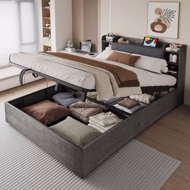 Letto con contenitore idraulico 180x200 cm; testiera con vani; USB e Type-C; MDF grigio