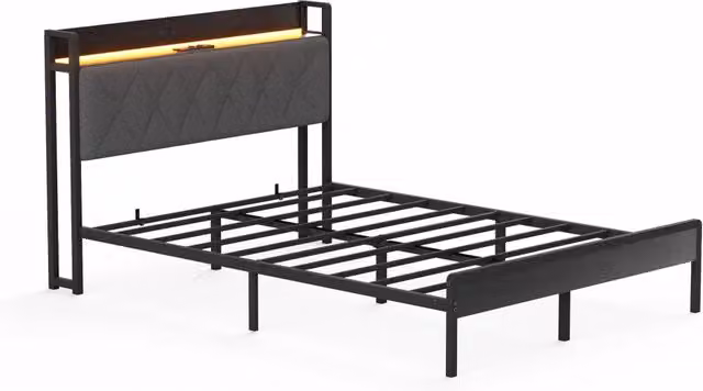 Letto Matrimoniale Contenitore Moderno in Tessuto e Metallo con Illuminazione LED e Porte USB, L/P: 140 x 190 cm, Grigio e Nero