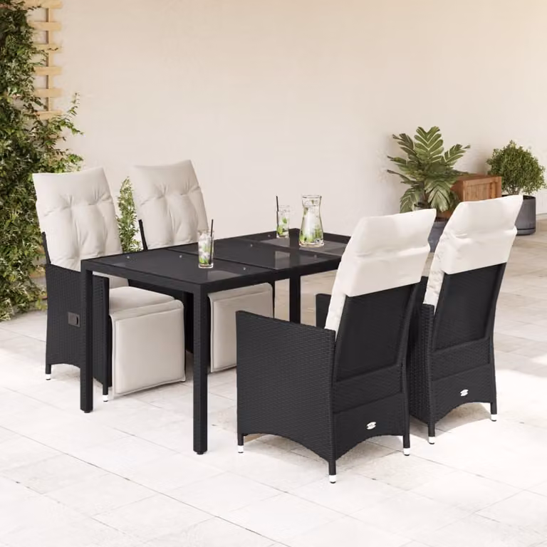 Set da Pranzo da Giardino vidaXL 5 pz in Polyrattan Nero con Piano in Vetro