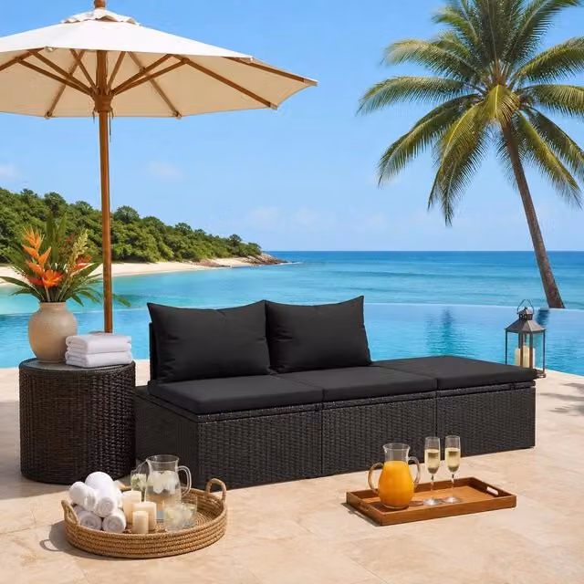 Sun Lounger With Cushion, Poly Rattan, Black