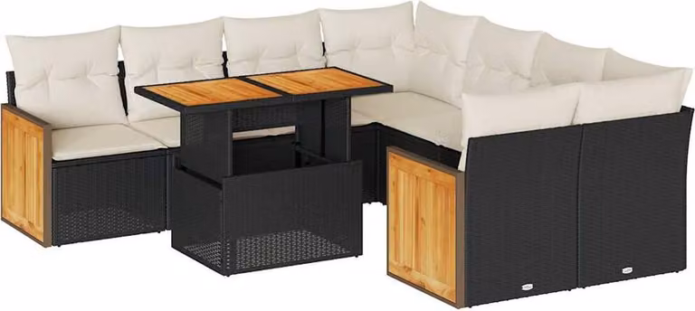 Set Divani da Giardino 9 pz con Cuscini Nero Polyrattan Acacia