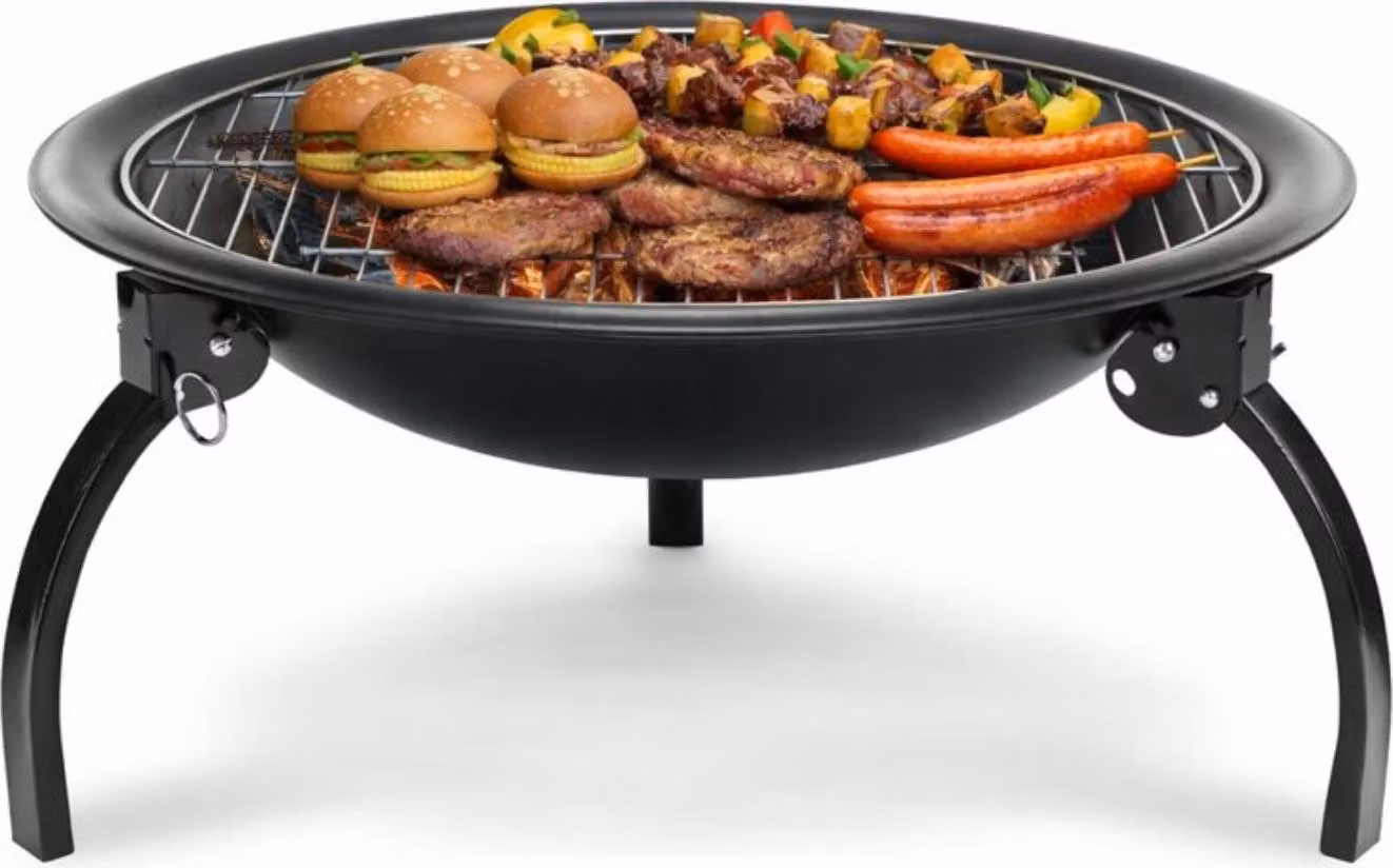 Braciere da giardino con funzione grill e coperchio 55 cm, nero in acciaio, per falò e grigliate, griglia cromata, portatile, con attizzatoio
