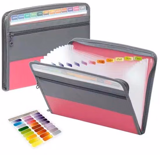 Portadocumenti in plastica formato A4 con 13 scomparti, scomparto per penne, colore rosso, portatile