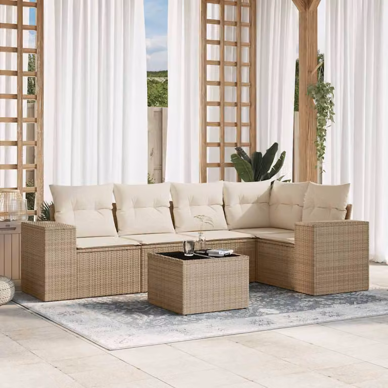 vidaXL Set Divano da Giardino a L 6 pz con Cuscini Beige e Tavolino in Vetro