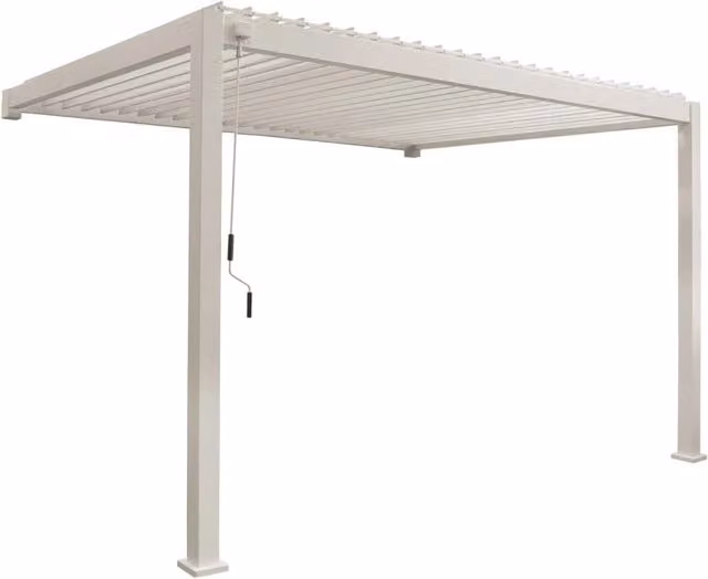 Pergola bioclimatica Sweeek in alluminio bianco con lame orientabili, modello addossato, L: 400 cm, P: 300 cm – 1