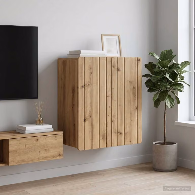Mobiletto a muro vidaXL in legno color rovere marrone con ante a battente e ripiani interni, L: 59 cm, P: 31 cm, H: 64 cm