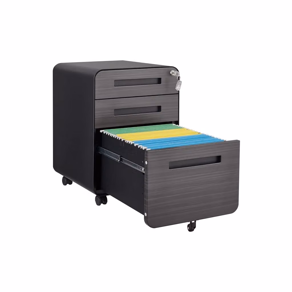 Cassettiera da ufficio Minimal con 3 cassetti in nero e acciaio con ruote – 2