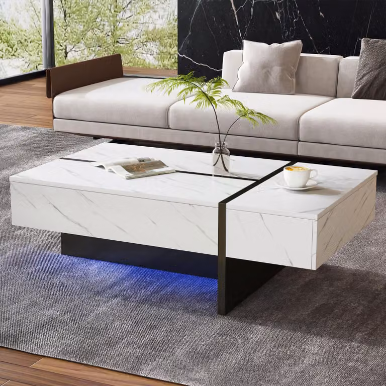 Tavolino Merax con illuminazione a LED e motivo in marmo, tavolino lucido con 3 cassetti e gambe irregolari, credenza da salotto, bianco