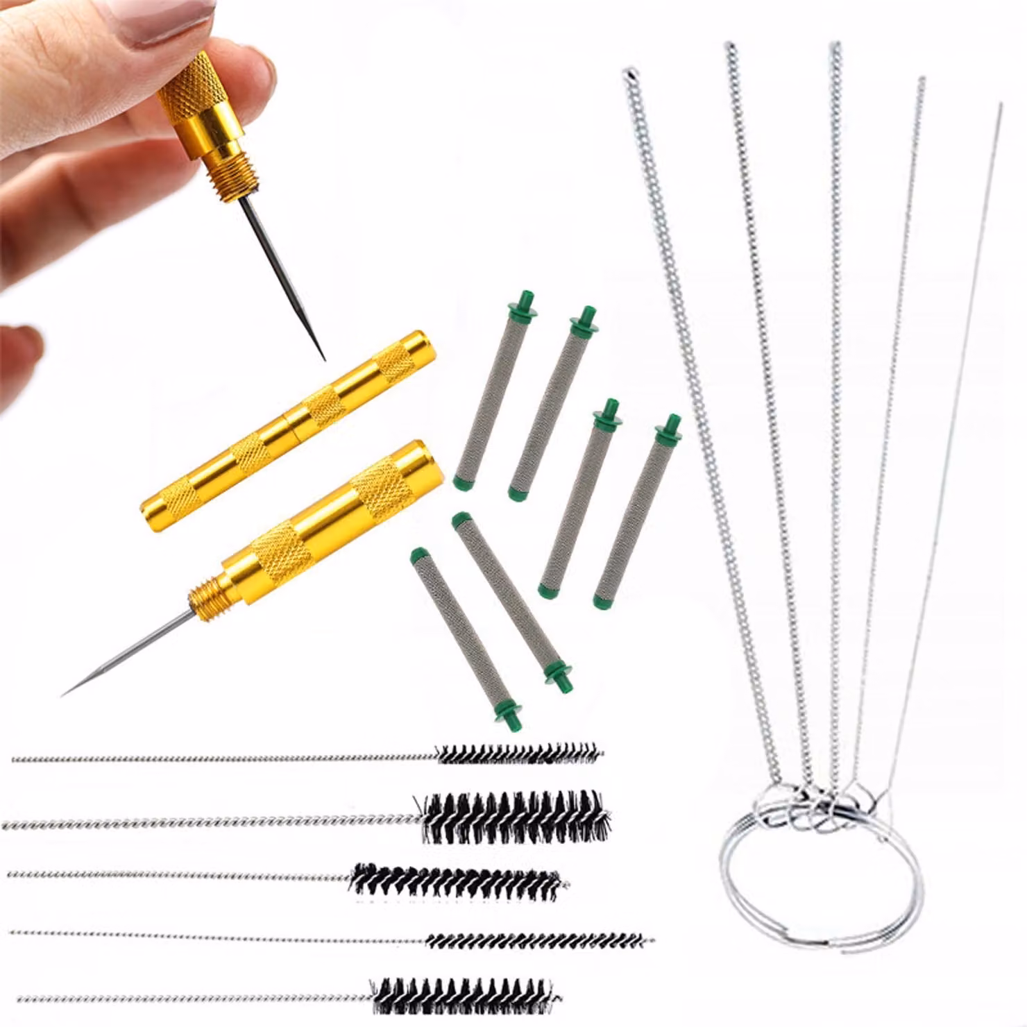 Rosfix Set di Aghi e Spazzole per la Pulizia per Pistole a Spruzzo per Vernice – 5 Spazzole Metalliche, 5 Aghi, 6 Filtri da 30 Maglie | Precisione