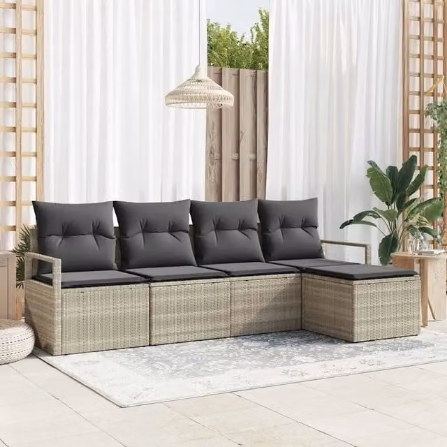 Set Divano da Giardino 5 pz-Sofa da Giardino-Divanetto da esterno Grigio chiaro Poly Rattan 603305