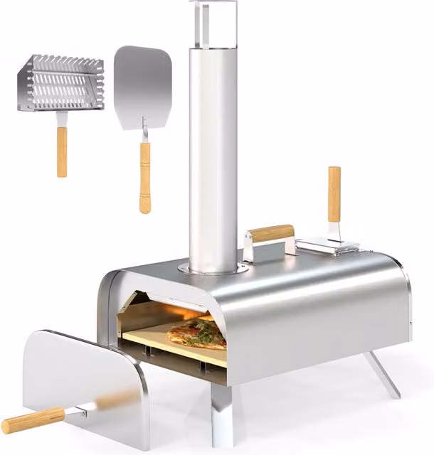 EasyComfort Forno per Pizza a Pellet in Acciaio Inox Argento con Pietra Refrattaria e Pala, L: 79 cm, P: 36 cm, H: 75 cm