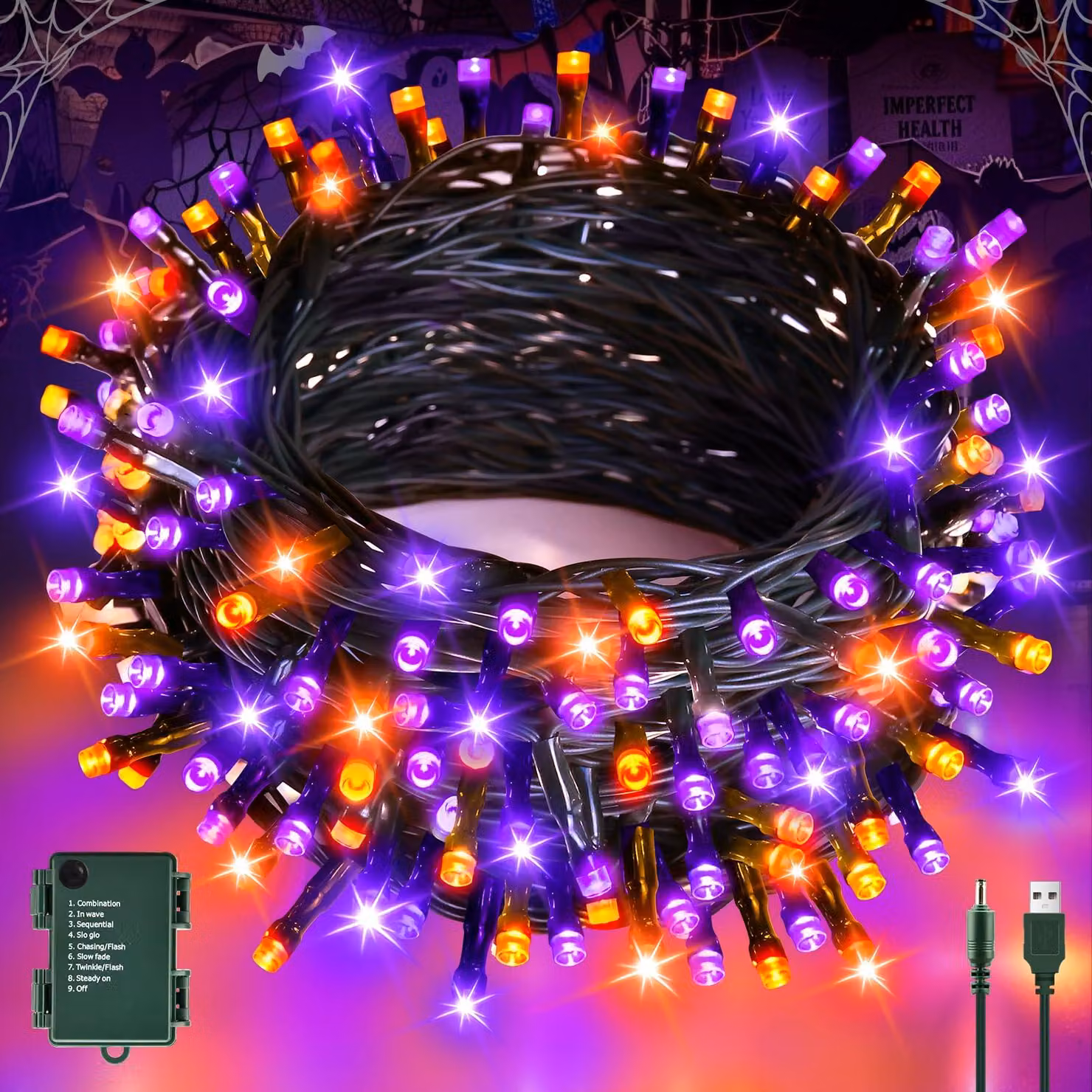 Catena luminosa a tema Halloween, 6 metri, 60 LED, arancione e viola, con timer, grado di protezione IP65