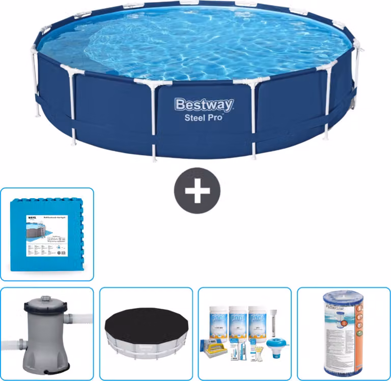 Piscina Bestway Round Steel Pro - 396 x 84 cm - blu - inclusa copertura per la pompa - pacchetto manutenzione - filtro - piastrelle per il pavimento