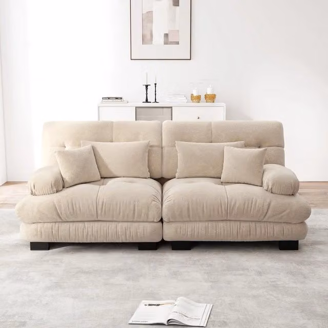 Divano angolare con cuscini ¨C Minimal ¨C tessuto chenille marrone chiaro struttura in legno massello