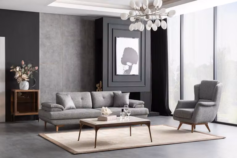 Divano a tre posti, poltrona, design moderno, colore grigio, elegante set di divani
