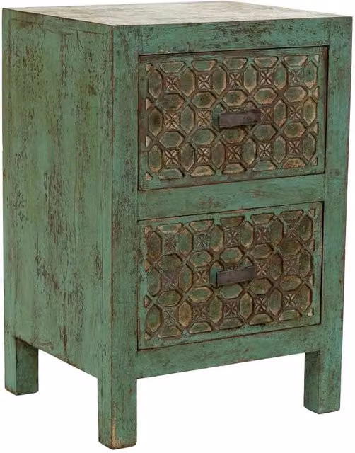 Comodino artigianale in legno di mango Wanderlust Deco stile boho geometrico verde turchese e oro L 45 cm, P 35 cm, H 60 cm