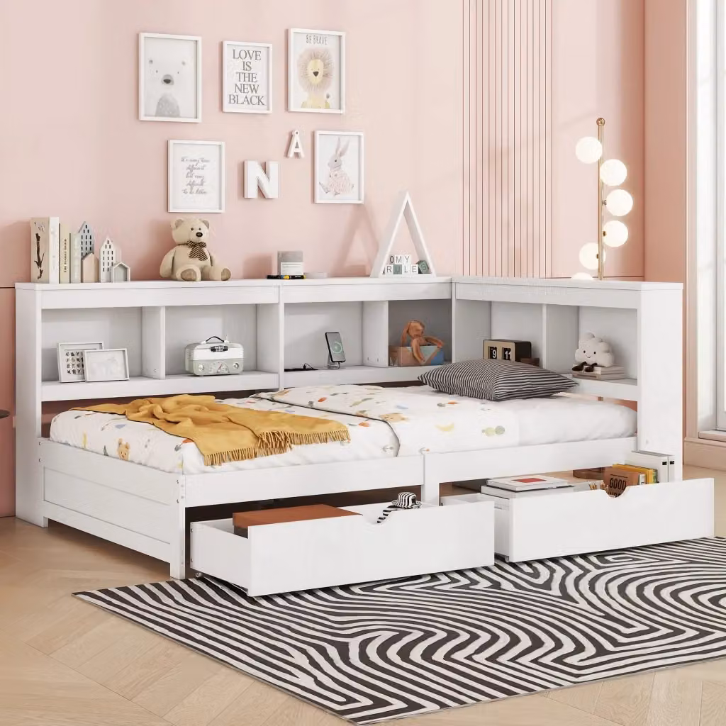 Letto singolo Chicfurn a giorno con 2 cassetti e porte USB, bianco, L/P/H: 221.5 x 90 x 120 cm – 2