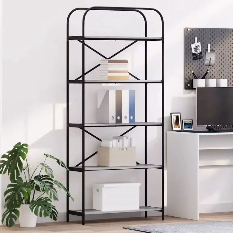 Libreria moderna vidaXL a 5 livelli in MDF e metallo, L 80 cm x P 30 cm x H 183 cm, Grigio e Nero
